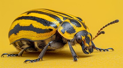   A tight shot of a yellow-and-black beetle against a yellow backdrop Its back legs bear black and white stripes