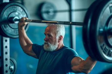 elderly man lifting up barbell in fitness gym, weight training - obrazy, fototapety, plakaty