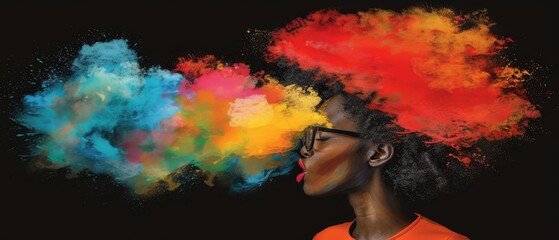   Woman's profile with colored smoke emanating from head against black backdrop