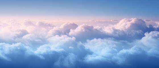   A mid-filled sky with numerous clouds, a plane positioned centrally flies within - obrazy, fototapety, plakaty