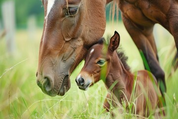 Naklejka na ściany i meble Young brown Arabian horse foal drinking milk from mother on green meadow