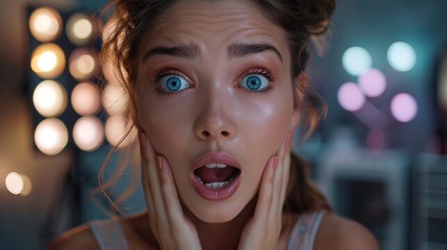 A dreamy image capturing surprised emotions on a girl's face in a makeup artist setting, perfect for cosmetics sales promotions, shot in HD quality with a