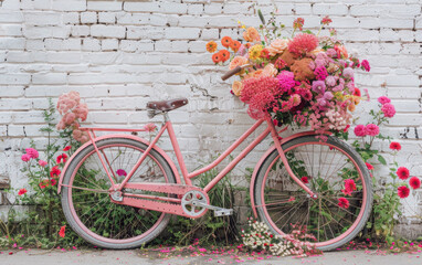 
Playful pink bicycle adorned with vibrant flowers against a white brick wall, adding color and charm.