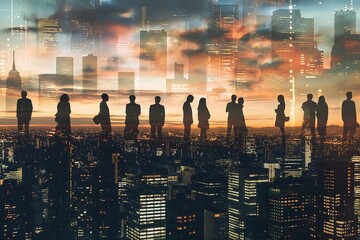 Silhouetted people against a city skyline during sunset, depicting urban life.