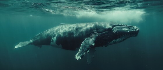   A humpback whale swims beneath the water surface, its head breaking the surface