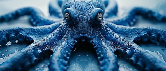   A tight shot of an octopus's head, adorned with water droplets on its body, against a backdrop of a tranquil blue background - obrazy, fototapety, plakaty