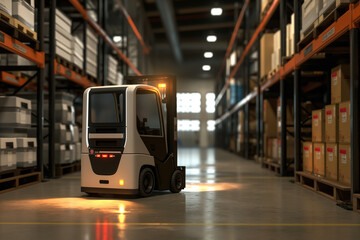 Robots transport boxes in a warehouse, robots carry cartons in a warehouse.