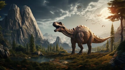 Dinosaur stands in prehistoric environment. Photorealistic. - obrazy, fototapety, plakaty