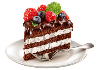 bolo de chocolate recheado de chantilly com cobertura de calda de chocolate e frutas vermelhas