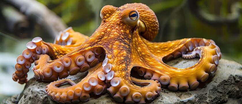   A tight shot of an octopus perched on a rock by a waterbody In the distance, a solitary tree stands