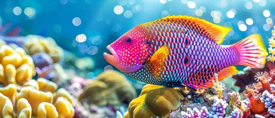   A vibrant fish swims among colorful corals and sponges in the foreground, while a blue sky stretches out in the background - obrazy, fototapety, plakaty