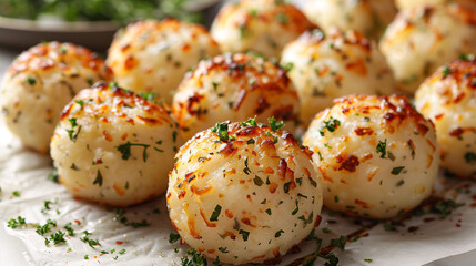 Golden roasted potatoes garnished with herbs on a plate, perfect for culinary themes. - 774246365
