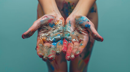 Close-up of colorful paint on artist's hands against a teal background, symbolizing creativity and art.