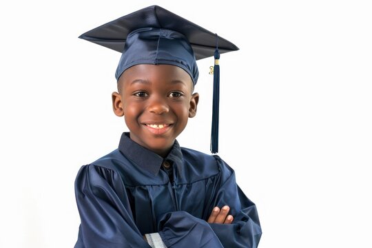 Young smiling african boy wearing graduation dress and cap isolated on white background