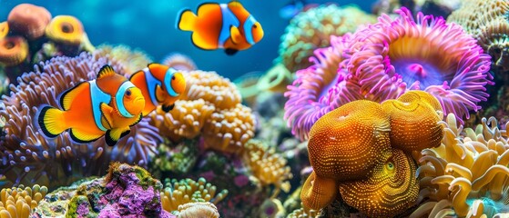   A group of clownfish swims above coral teeming with sea anemones