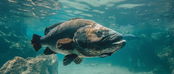   A tight shot of a fish submerged in water, surrounded by numerous bubbles at the bottom - obrazy, fototapety, plakaty