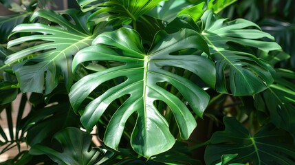 green leaf of tropical forest plant living in nature garden, exotic jungle foliage background, palm floral and monstera, botany flora decoration in environment