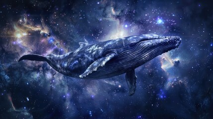 Generate an imaginative depiction of a whale navigating through the cosmos, capturing the...
