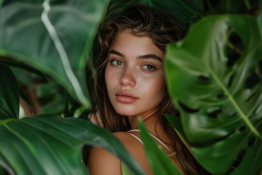 Young woman model posing in green jungle leaves