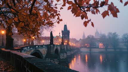 Naklejka premium Autumn foliage with beautiful historical buildings of Prague city in Czech Republic in Europe.
