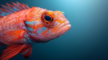  A tight shot of a red-blue fish against a blue backdrop, bearing a black mark on its eye