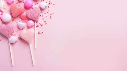 A pink background with a bunch of candy hearts and lollipops