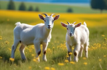 Obraz premium Little goats walk through a summer meadow in the rays of the sun. Agriculture concept