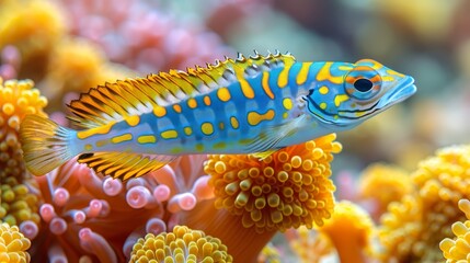   A blue-yellow fish perches atop an orange-white sea anemone within a coral reef