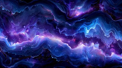   A painting of purple and blue swirling abstraction against a black backdrop, with emptiness encircled in the foreground, and stars scattered in the night sky above