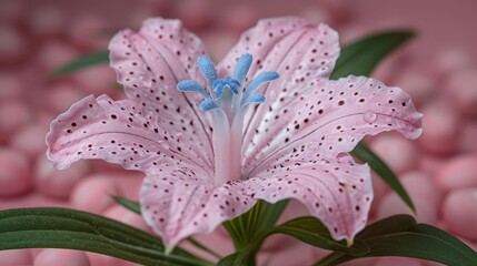  pink flower with unusual blue stamens, green foli