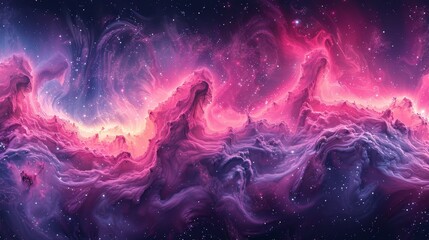   A space image featuring pink and blue clouds, stars, and a mountain range in the foreground - obrazy, fototapety, plakaty