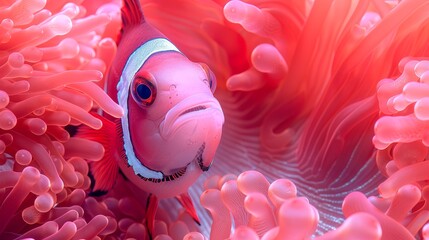   A close-up of a clownfish in an anemone Anemone provides safe shelter for the clownfish - obrazy, fototapety, plakaty