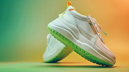 Highlight the stylish contrast by featuring white sneakers adorned with vibrant colored accents against a lush green gradient background, creating a visually appealing and fashionable composition - Powered by Adobe