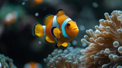   A tight shot of a clownfish near coral, anemones in both foreground and background