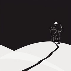 A person hiking, depicted in minimalist black and white, with simple lines suggesting determination and adventure