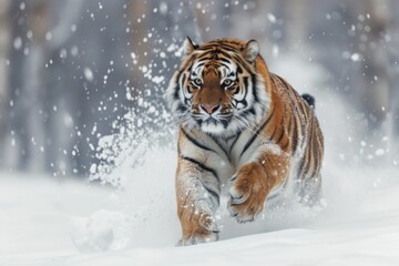 Siberian Tiger running in snow - obrazy, fototapety, plakaty