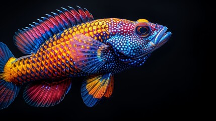   A tight shot of a vibrant fish against a black backdrop, its head mirrored in the water below - obrazy, fototapety, plakaty