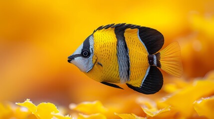  A tight shot of a yellow-and-black striped fish amidst a seabed of yellow blooms, the flowers black at their centers and white around the edges