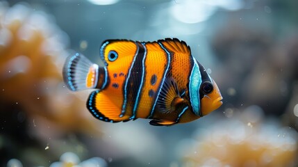   A tight shot of an orange-blue fish in an aquarium, displaying a black lateral line - obrazy, fototapety, plakaty