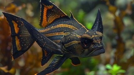   A tight shot of a black-orange fish against a backdrop of water, teeming with plants and trees