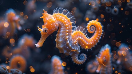   A tight shot of a seahorse near corals, bubbles in its body, background softly blurred