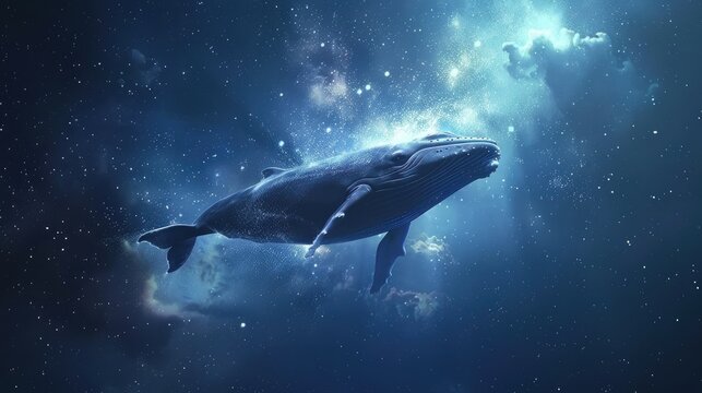 Illustrate a scene where a majestic whale gracefully swims through the vastness of outer space, creating a surreal and mesmerizing cosmic image