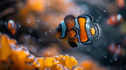   An orange-and-black clownfish swims near yellow corals in the foreground A black-and-white clownfish is seen in the background