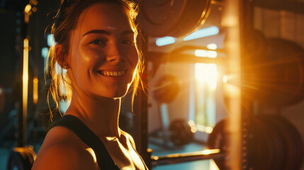 Confident Woman in Gym Bathed in Sunlight
