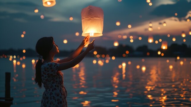 A graceful young lady release sky lantern to celebrate Chinese lunar new year.
