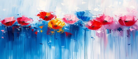   A painting of red, blue, and pink umbrellas against a blue and white background with a random splash of paint - obrazy, fototapety, plakaty