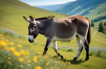 Obraz premium A donkey walks through a meadow in the mountains in summer. Agriculture concept