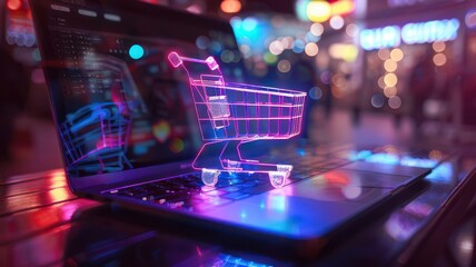 Glowing shopping cart on a laptop created with Generative AI - obrazy, fototapety, plakaty