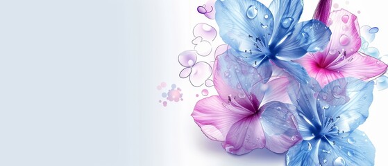   A pristine white backdrop hosts a captivating arrangement of blue and pink blossoms, adorned with gleaming water droplets