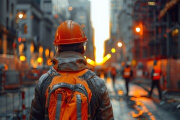 Obraz premium A construction worker gazes at the early morning workings of an urban construction site, symbolizing development